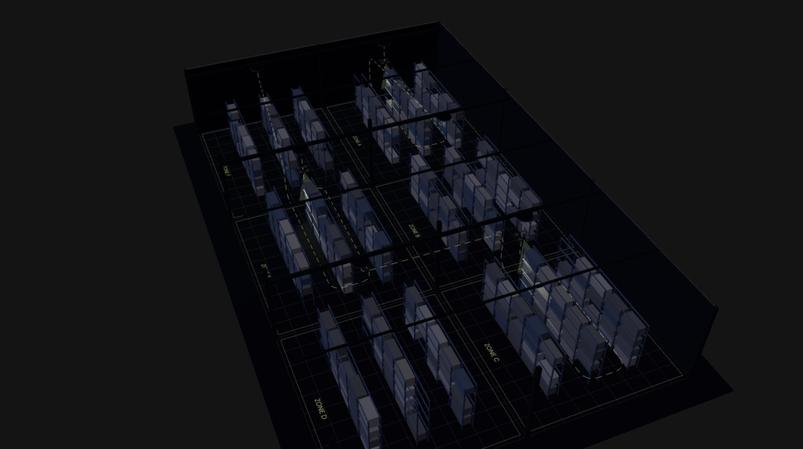 3D view of a warehouse at night, split into six zones, with indoor drones patrolling the aisles from ceiling docks.